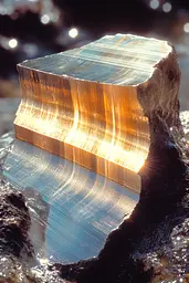 Midjourney generated image using SREF code Chrome Lilt: A piece of gold sitting on top of a rock.