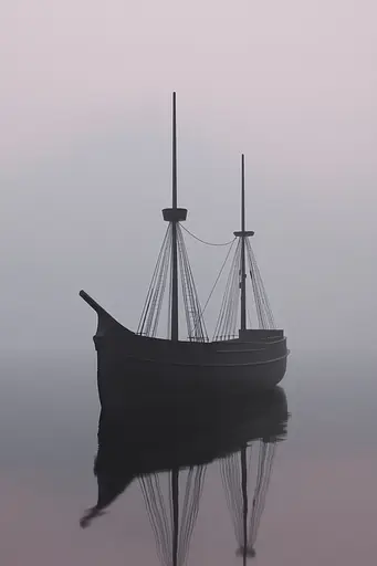 Midjourney generated image using SREF code Lunar Minimalism: A boat floating on top of a body of water.