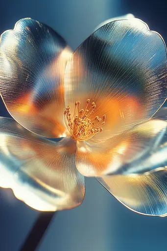 Midjourney generated image using SREF code Chrome Lilt: A close up of a flower with a blue background.