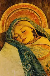 Midjourney generated image using SREF code Golden Gaze: A painting of a woman wrapped in a blanket.