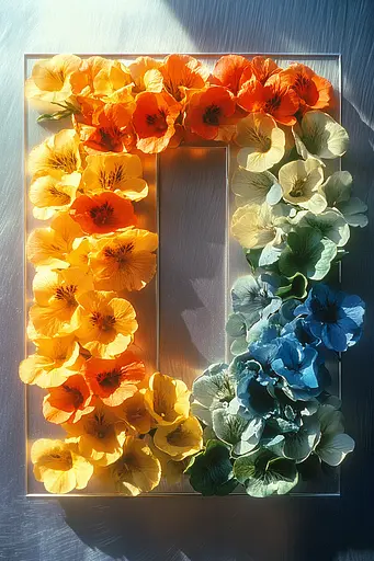 Midjourney generated image using SREF code Chrome Lilt: A picture of the letter D made out of flowers.