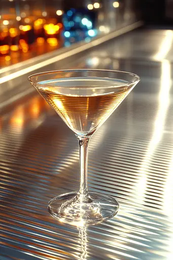 Midjourney generated image using SREF code Chrome Lilt: A martini sitting on top of a metal bar.