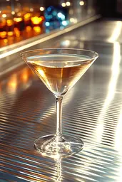 Midjourney generated image using SREF code Chrome Lilt: A martini sitting on top of a metal bar.