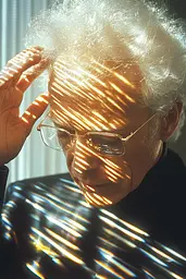 Midjourney generated image using SREF code Chrome Lilt: A man with white hair and glasses sitting in front of a window.