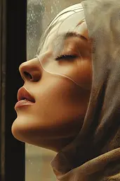 Midjourney generated image using SREF code Biomechanical Harmony: A woman wearing a headscarf looking out of a window.