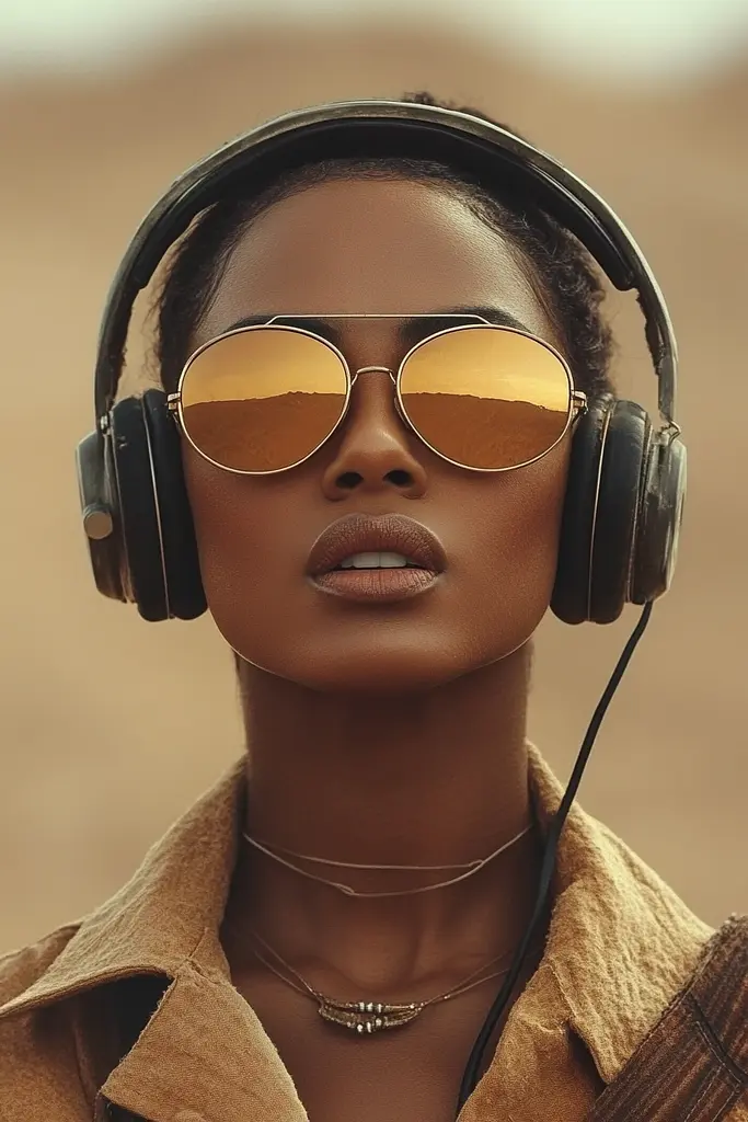 Midjourney generated image using SREF code Biomechanical Harmony: A woman wearing headphones and sunglasses in the desert.