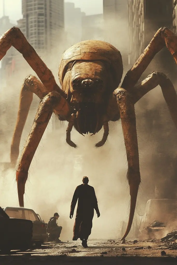 Midjourney generated image using SREF code Biomechanical Harmony: A man walking down a street next to a giant spider.