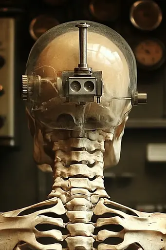 Midjourney generated image using SREF code Biomechanical Harmony: A human skeleton with a head mounted on top of it.