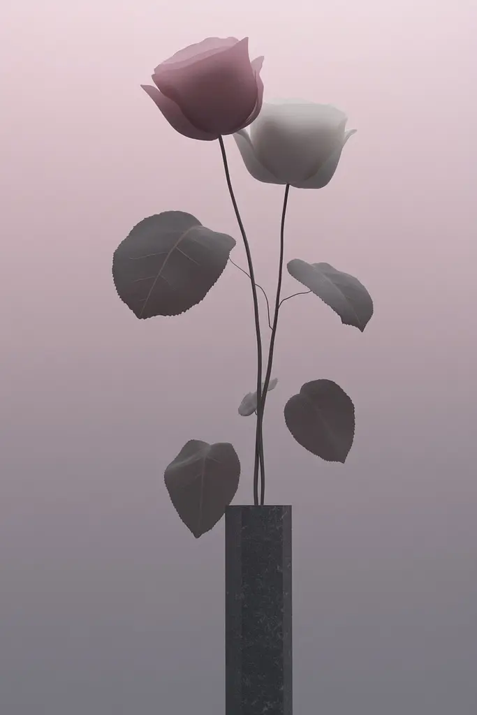 Midjourney generated image using SREF code Lunar Minimalism: A vase with two pink and white roses in it.