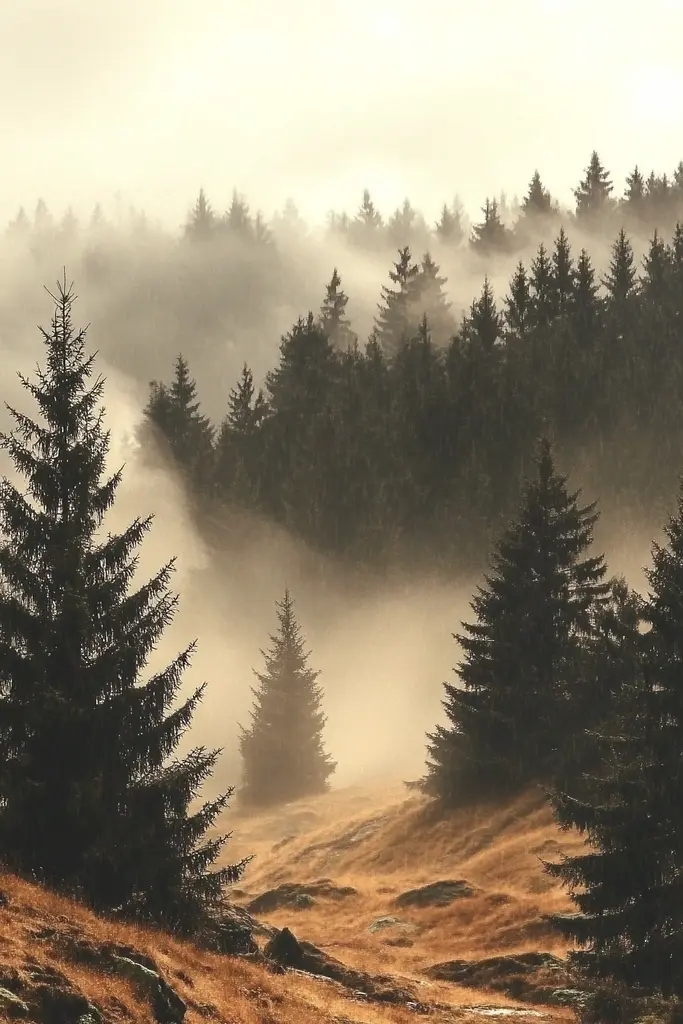 Midjourney generated image using SREF code Biomechanical Harmony: A foggy landscape with trees in the foreground.