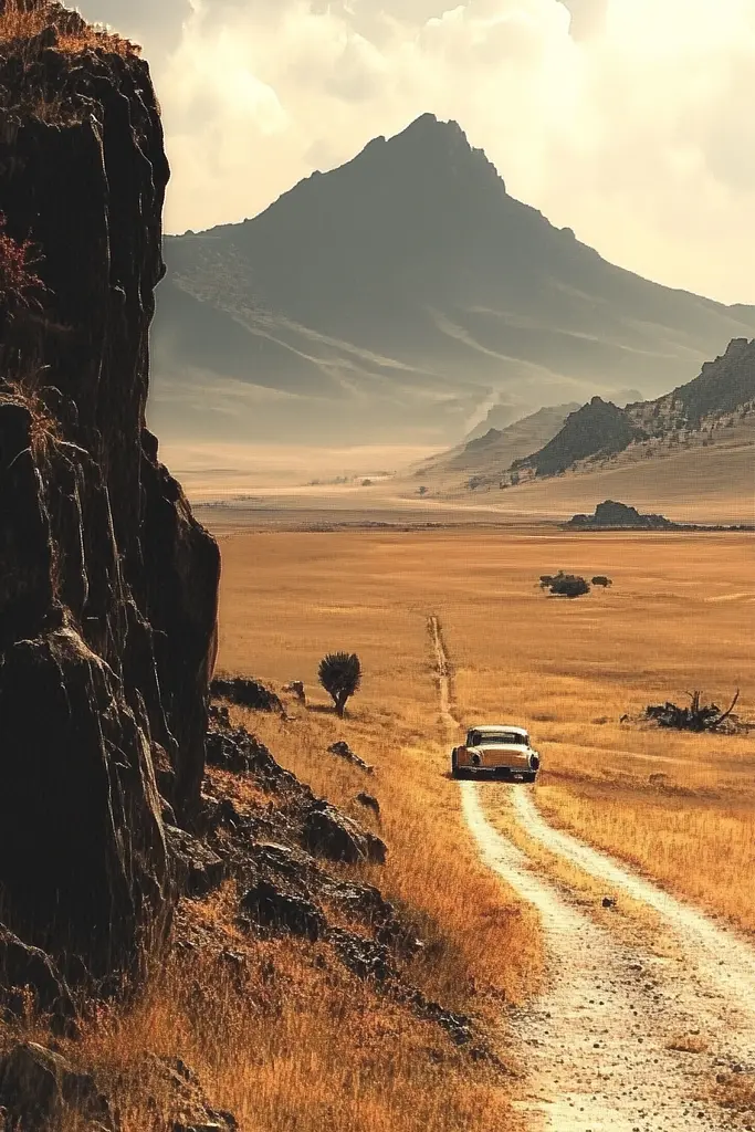 Midjourney generated image using SREF code Biomechanical Harmony: A car driving down a dirt road in the middle of a desert.