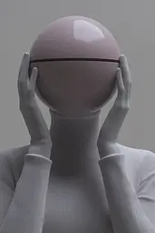 Midjourney generated image using SREF code Lunar Minimalism: A mannequin holding a pink ball over its head.