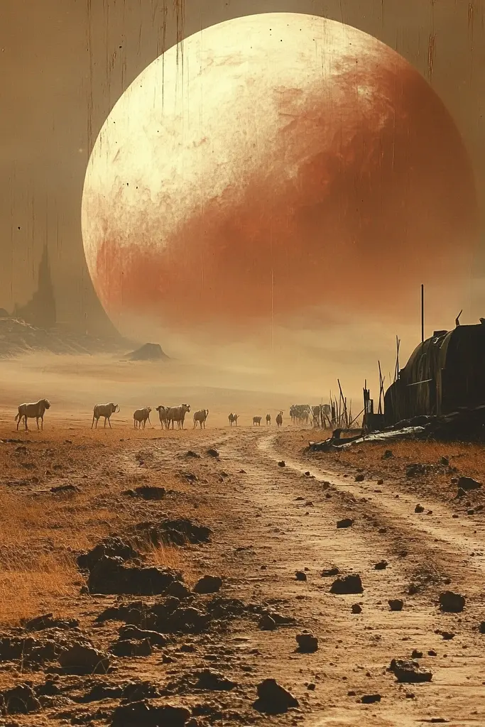 Midjourney generated image using SREF code Biomechanical Harmony: A herd of sheep walking across a dirt road in front of a red planet.