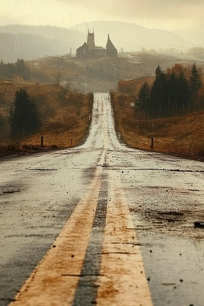 Midjourney generated image using SREF code Biomechanical Harmony: A wet road with a church in the distance.