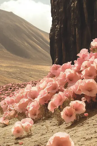 Midjourney generated image using SREF code Biomechanical Harmony: A field of pink flowers in front of a mountain.