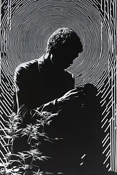 Midjourney generated image using SREF code Fractured Realms: A black and white photo of a man sitting in front of a plant.