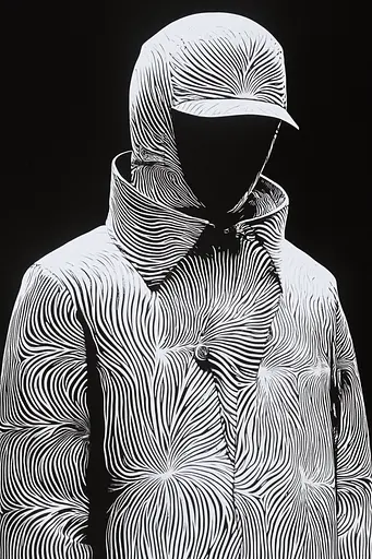 Midjourney generated image using SREF code Fractured Realms: A black and white drawing of a man wearing a hoodie.