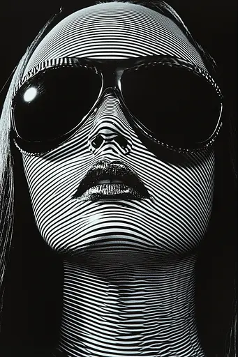 Midjourney generated image using SREF code Fractured Realms: A black and white photo of a woman wearing sunglasses.