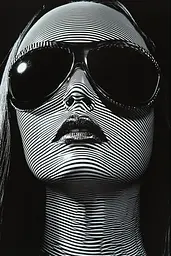 Midjourney generated image using SREF code Fractured Realms: A black and white photo of a woman wearing sunglasses.