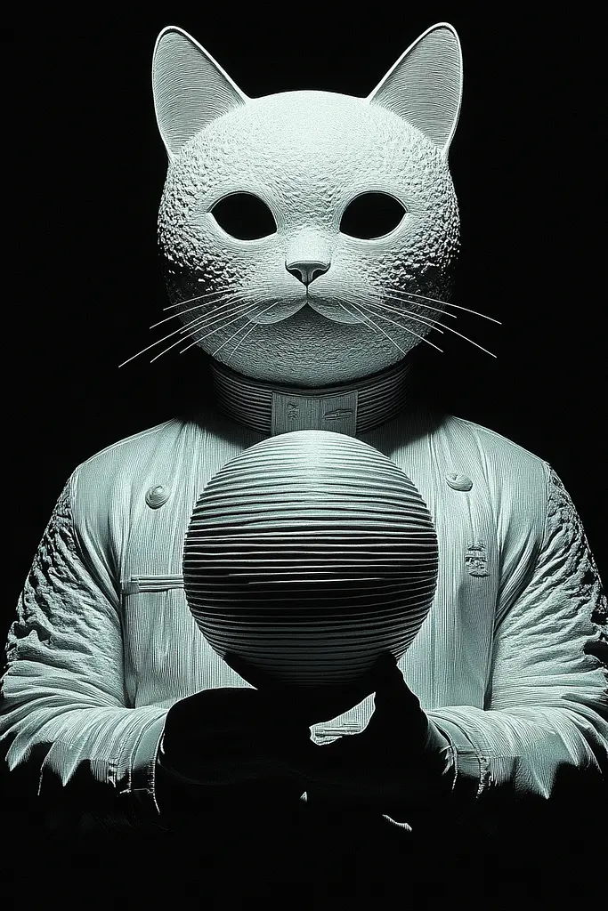 Midjourney generated image using SREF code Fractured Realms: A man in a white cat mask holding a ball.