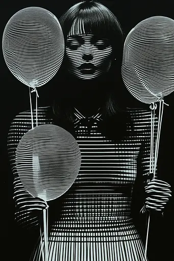 Midjourney generated image using SREF code Fractured Realms: A black and white photo of a woman holding three balloons.