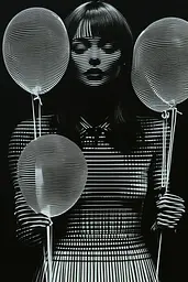 Midjourney generated image using SREF code Fractured Realms: A black and white photo of a woman holding three balloons.