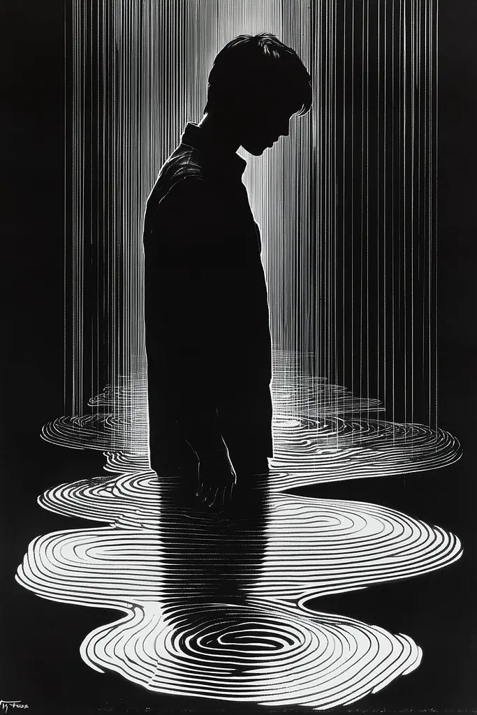 Midjourney generated image using SREF code Fractured Realms: A black and white photo of a person standing in the water.