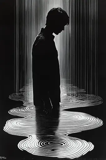 Midjourney generated image using SREF code Fractured Realms: A black and white photo of a person standing in the water.