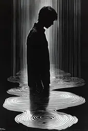 Midjourney generated image using SREF code Fractured Realms: A black and white photo of a person standing in the water.