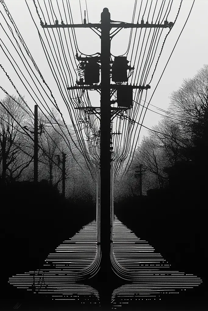 Midjourney generated image using SREF code Fractured Realms: A black and white photo of a telephone pole.