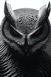 Midjourney generated image using SREF code Fractured Realms: A black and white owl with red eyes.