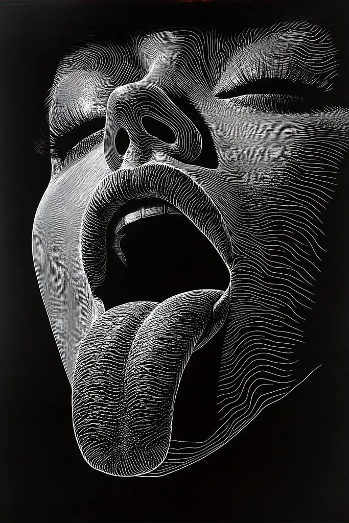 Midjourney generated image using SREF code Fractured Realms: A black and white drawing of a woman sticking out her tongue.