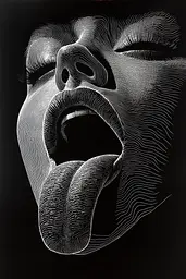 Midjourney generated image using SREF code Fractured Realms: A black and white drawing of a woman sticking out her tongue.