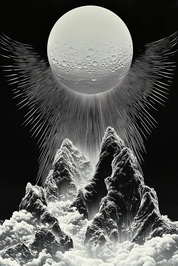 Midjourney generated image using SREF code Fractured Realms: A black and white image of a mountain range with a moon in the sky.