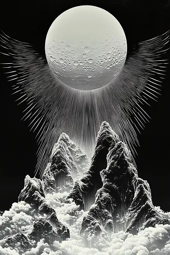 Midjourney generated image using SREF code Fractured Realms: A black and white image of a mountain range with a moon in the sky.