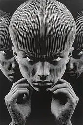 Midjourney generated image using SREF code Fractured Realms: A black and white photo of a young boy with his hands on his face.