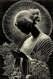 Midjourney generated image using SREF code Fractured Realms: A black and white drawing of a woman holding flowers.