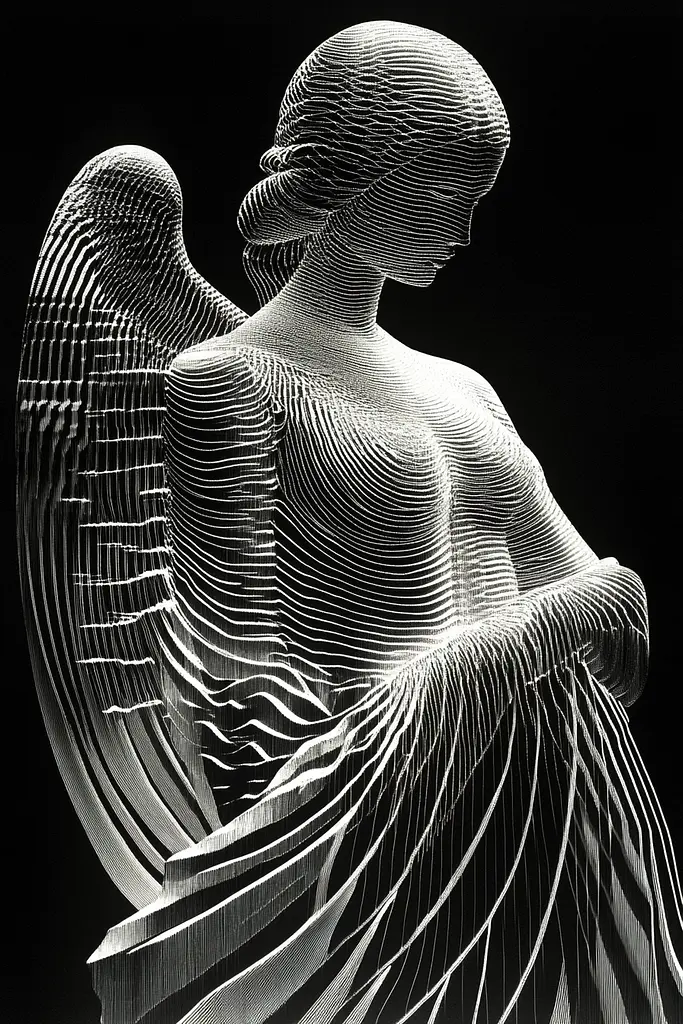 Midjourney generated image using SREF code Fractured Realms: A black and white photo of a sculpture of an angel.