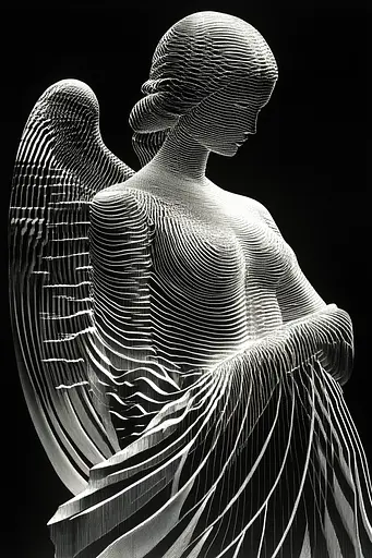 Midjourney generated image using SREF code Fractured Realms: A black and white photo of a sculpture of an angel.