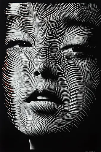 Midjourney generated image using SREF code Fractured Realms: A black and white drawing of a woman's face.