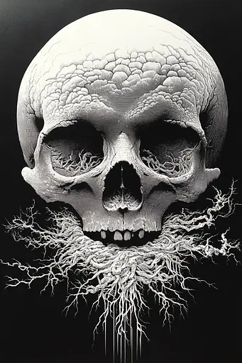 Midjourney generated image using SREF code Fractured Realms: A black and white drawing of a human skull with roots.