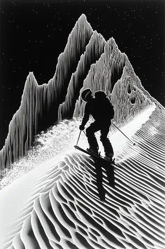 Midjourney generated image using SREF code Fractured Realms: A black and white illustration of a skier going down a mountain.