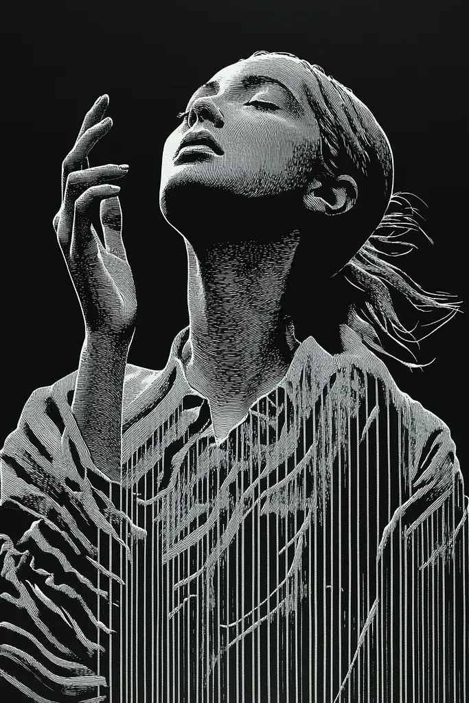 Midjourney generated image using SREF code Fractured Realms: A black and white illustration of a woman with her eyes closed.