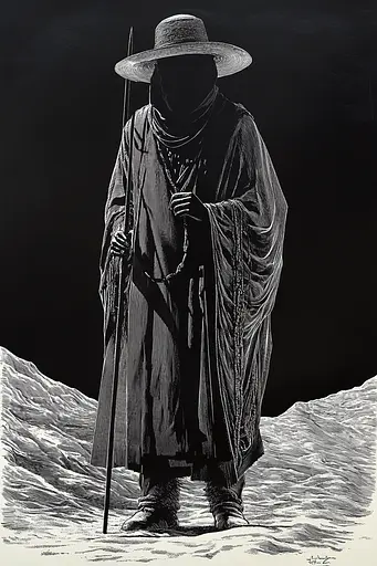 Midjourney generated image using SREF code Fractured Realms: A black and white drawing of a man in a hat and cloak.