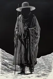 Midjourney generated image using SREF code Fractured Realms: A black and white drawing of a man in a hat and cloak.