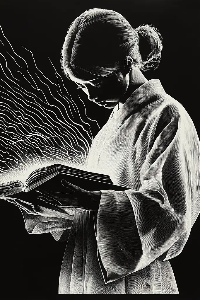 Midjourney generated image using SREF code Fractured Realms: A black and white drawing of a woman reading a book.