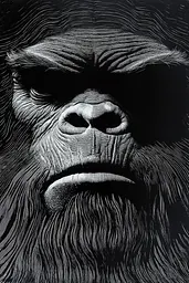 Midjourney generated image using SREF code Fractured Realms: A black and white drawing of a gorilla's face.