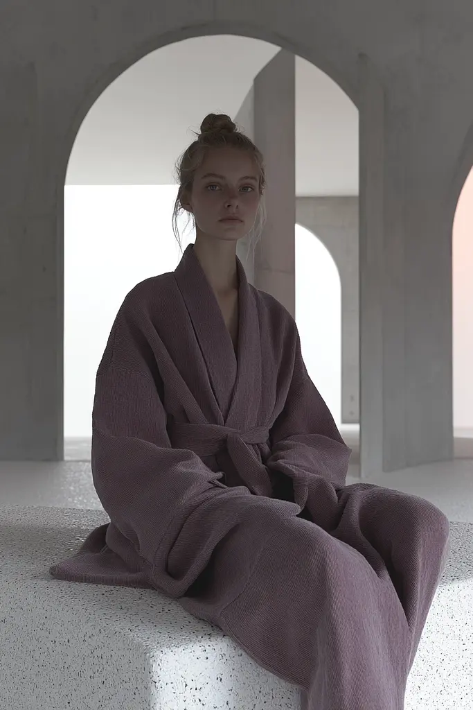 Midjourney generated image using SREF code Lunar Minimalism: A woman sitting on a concrete bench wearing a purple robe.