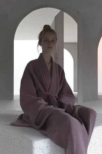 Midjourney generated image using SREF code Lunar Minimalism: A woman sitting on a concrete bench wearing a purple robe.