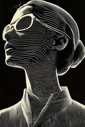 Midjourney generated image using SREF code Fractured Realms: A black and white drawing of a woman wearing sunglasses.